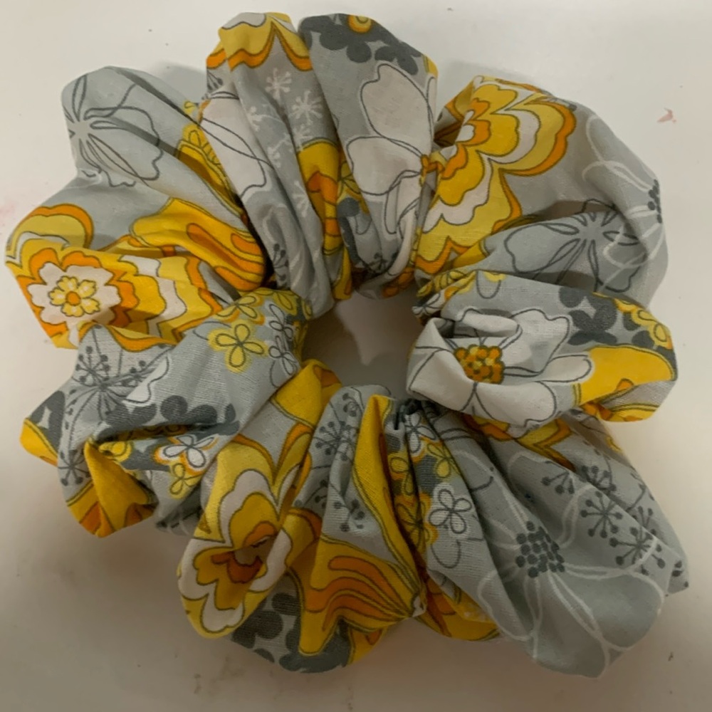 Yellow , grey and white design floral Scrunchie